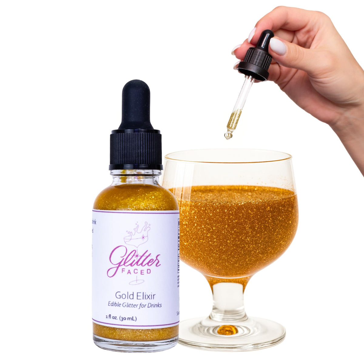 Glitter Faced shimmer edible glitter bottle front adds instant sparkle to drinks.