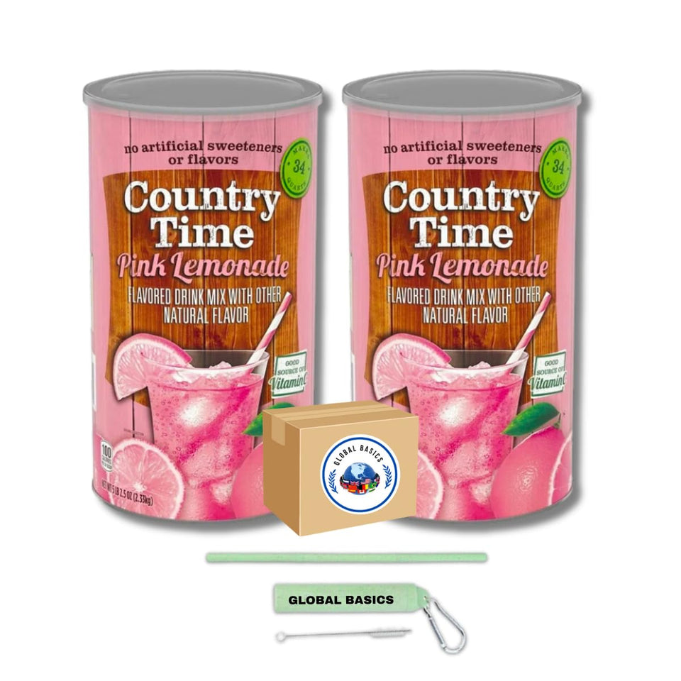 GLOBAL BASICS Country Time Pink Lemonade powder tub with bulk size for easy family servings.