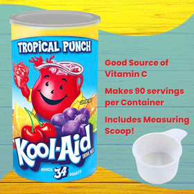 Global Basics Kool Aid Tropical Punch powder packaging showing convenient servings.