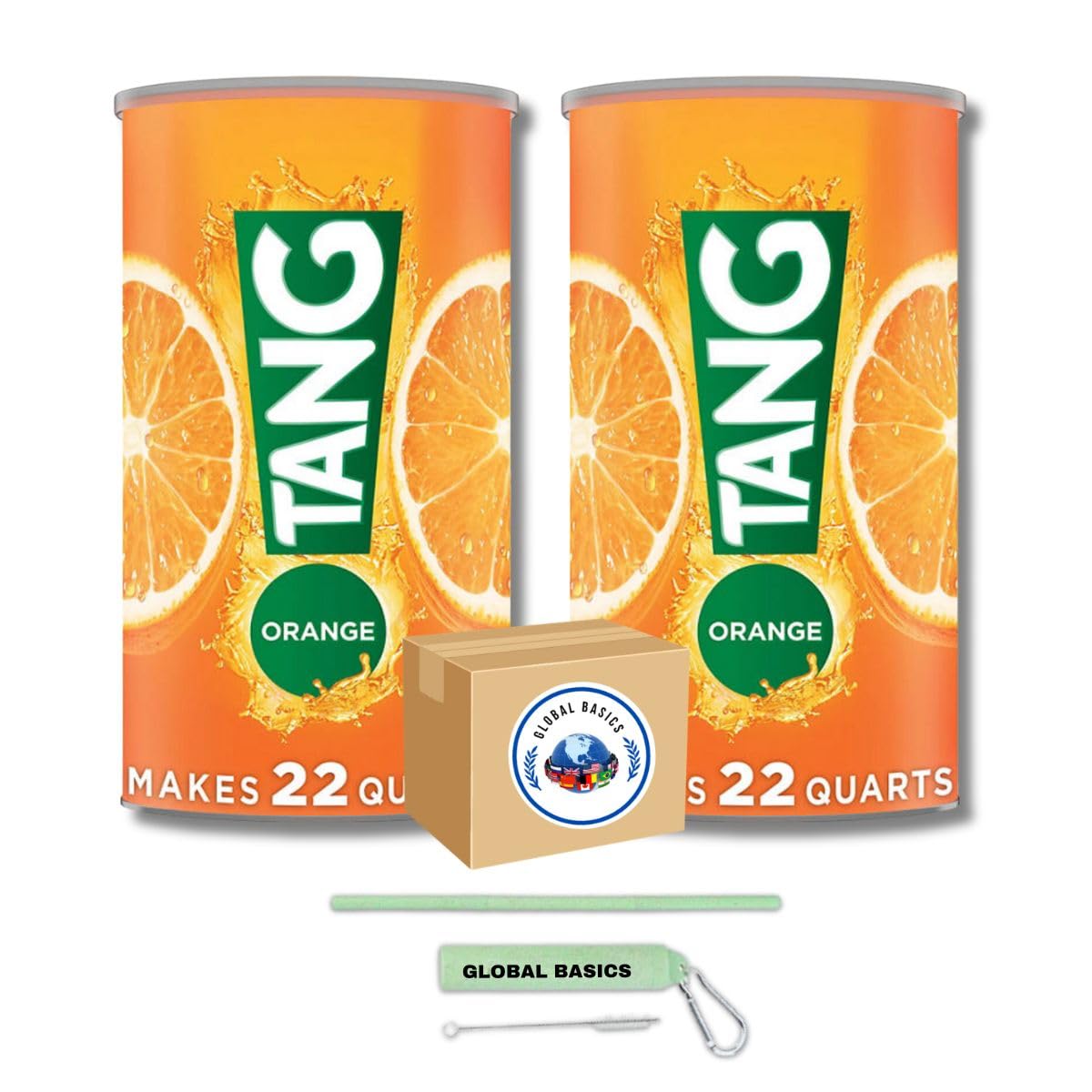 Global Basics Tang Orange powder drink mix pack with reusable straw set for on-the-go hydration.
