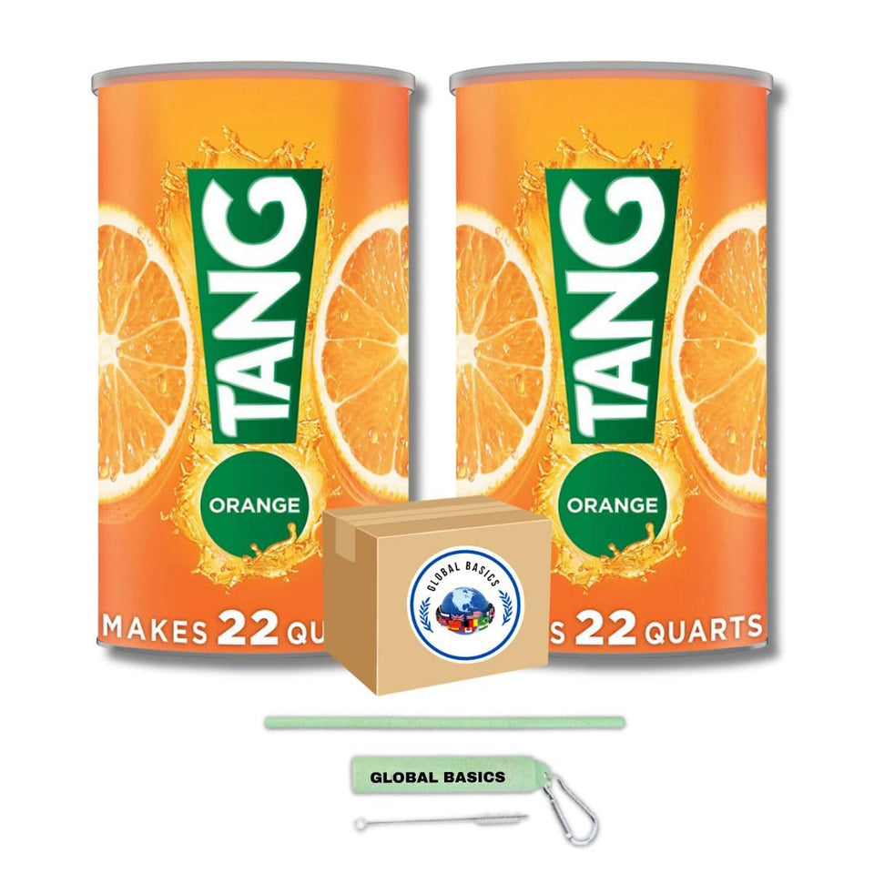Global Basics Tang Orange powder drink mix pack with reusable straw set for on-the-go hydration.