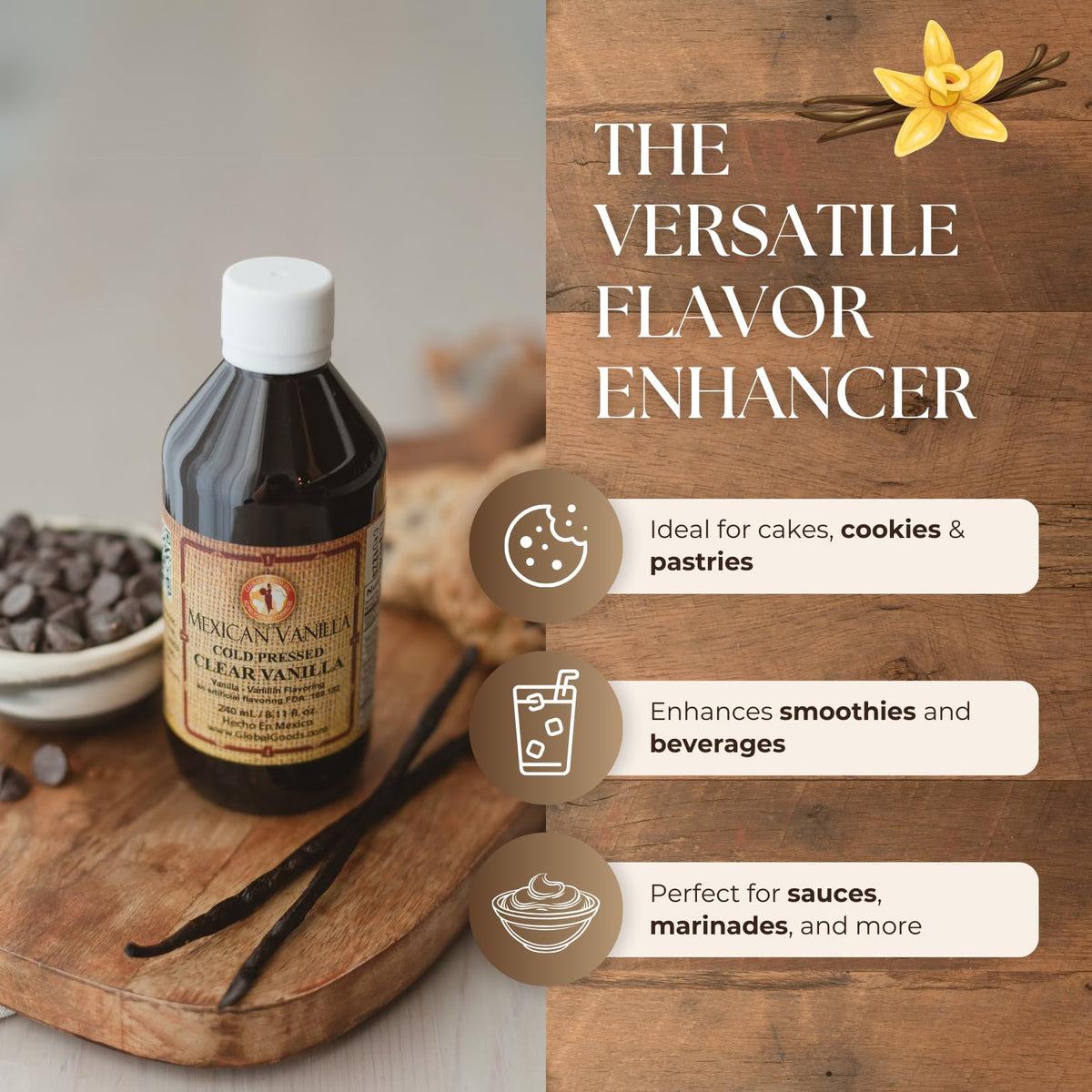 Global Goods coumarin-free vanilla bottle emphasizes pure flavor for everyday baking