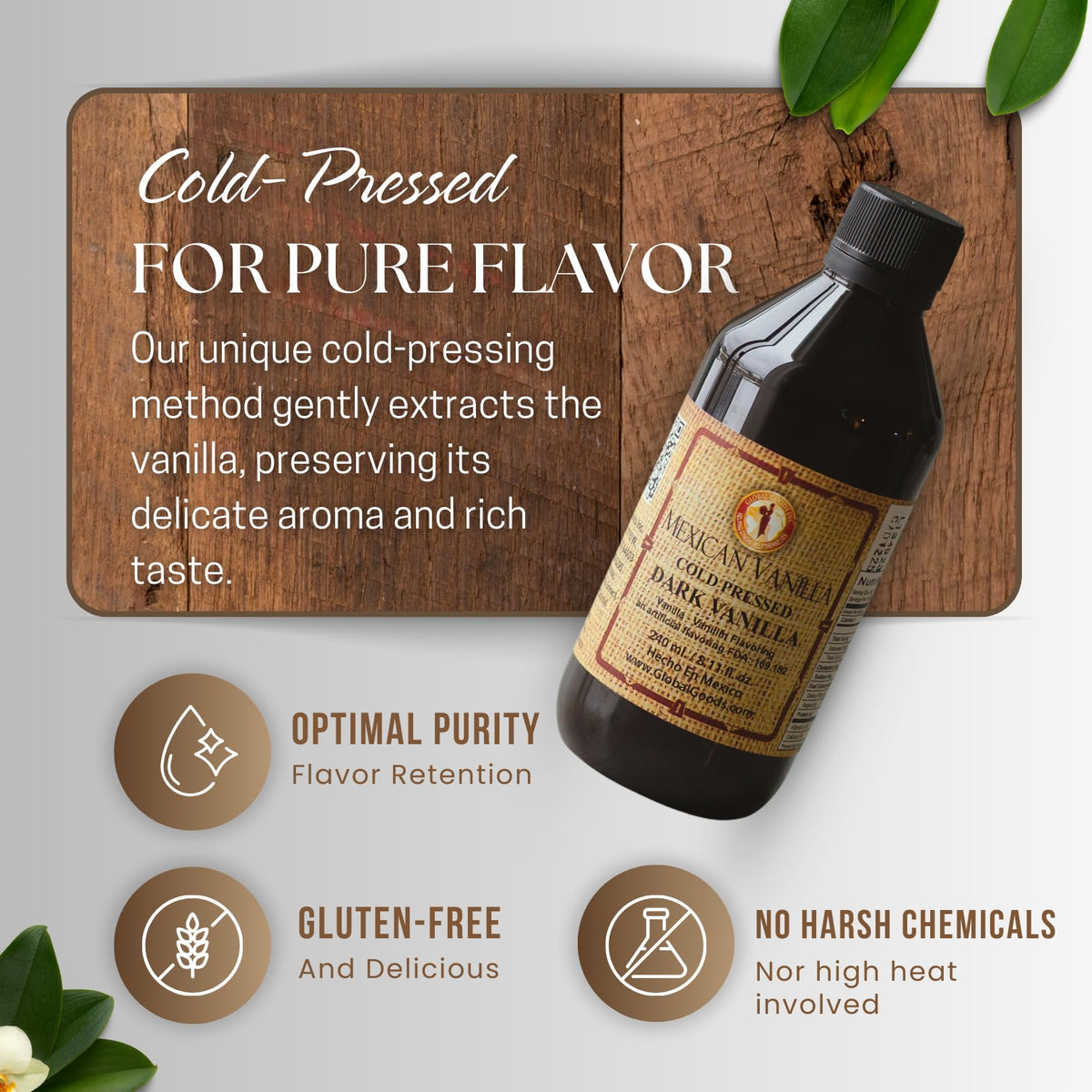 Global Goods Mexican vanilla beans closeup highlights premium ingredients and natural color.
