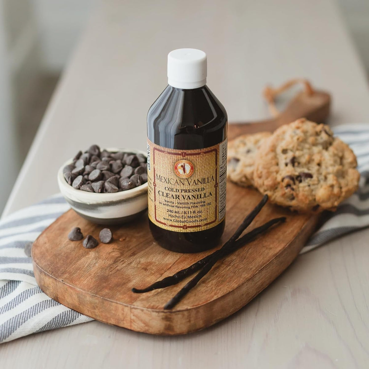 Global Goods vanilla extract label highlights gluten-free formula for light-colored desserts