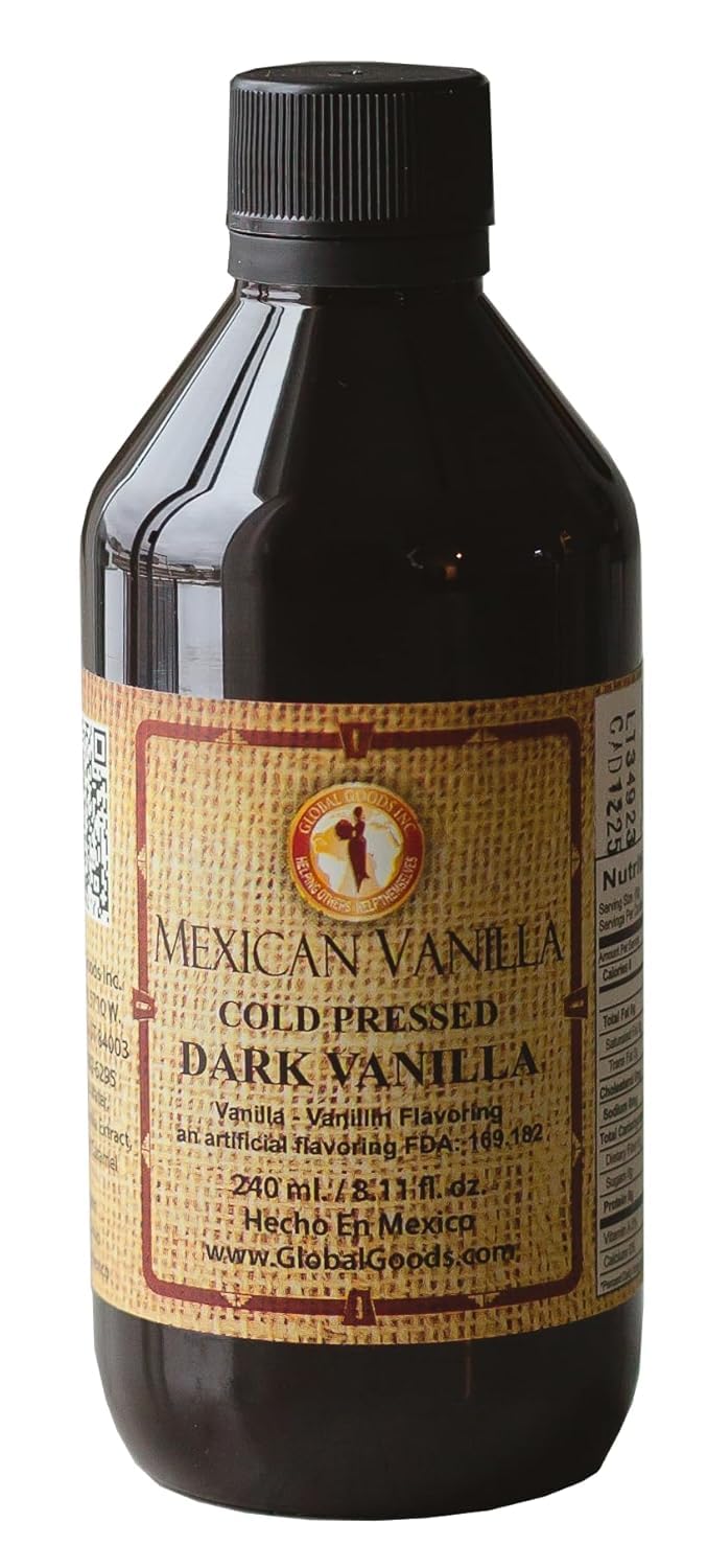 Global Goods Pure Dark Mexican Vanilla Extract bottle offers rich aroma for baking.