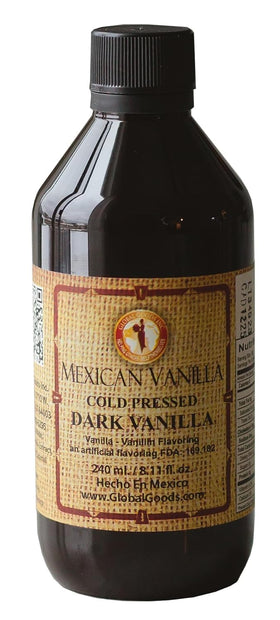 Global Goods Pure Dark Mexican Vanilla Extract bottle offers rich aroma for baking.