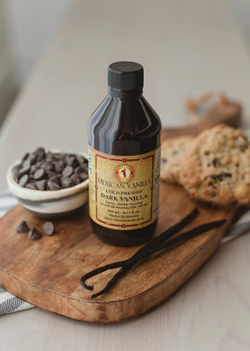 Global Goods Vanilla extract in amber glass emphasizes bold flavor for desserts.
