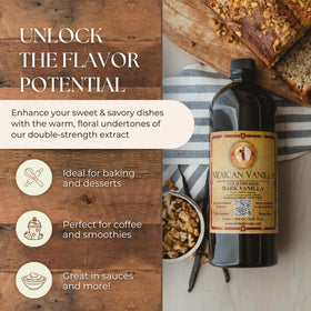 Global Goods vanilla bottle with coffee cup, suggesting enhances beverages and morning rituals.