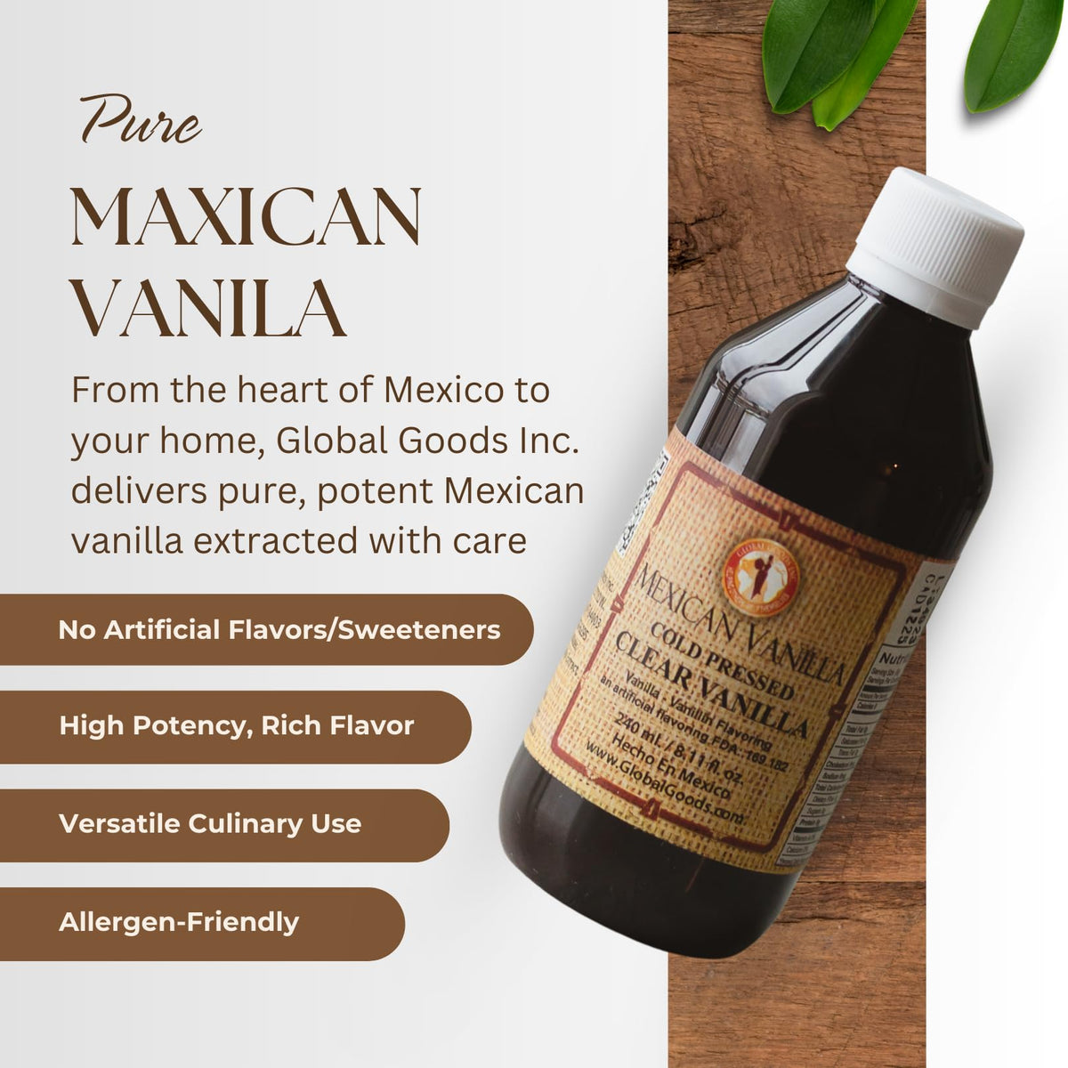 Global Goods vanilla extract cold-press demonstrates pure vanilla notes for beverages and desserts