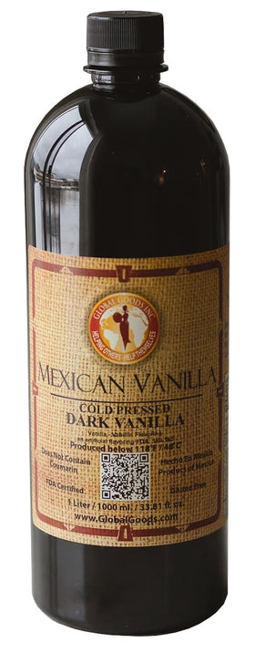 Global Goods Inc. Pure Dark Mexican Vanilla Extract bottle with bold aroma for baking and desserts.