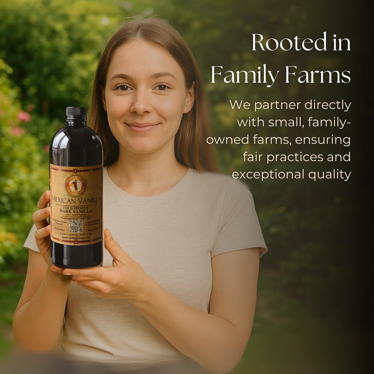 Global Goods vanilla extract label on pantry shelf, clean-label appeal.