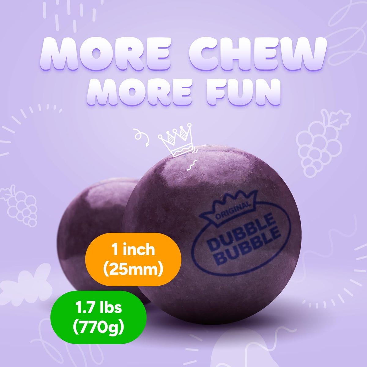 1-inch grape gumballs show off vibrant purple color and bold flavor.