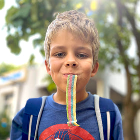 Global Gumball Sour Strips Rainbow colors for candy displays.