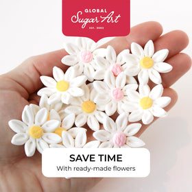 Global Sugar Art daisy toppers on cupcakes, perfect for ornate dessert toppers.