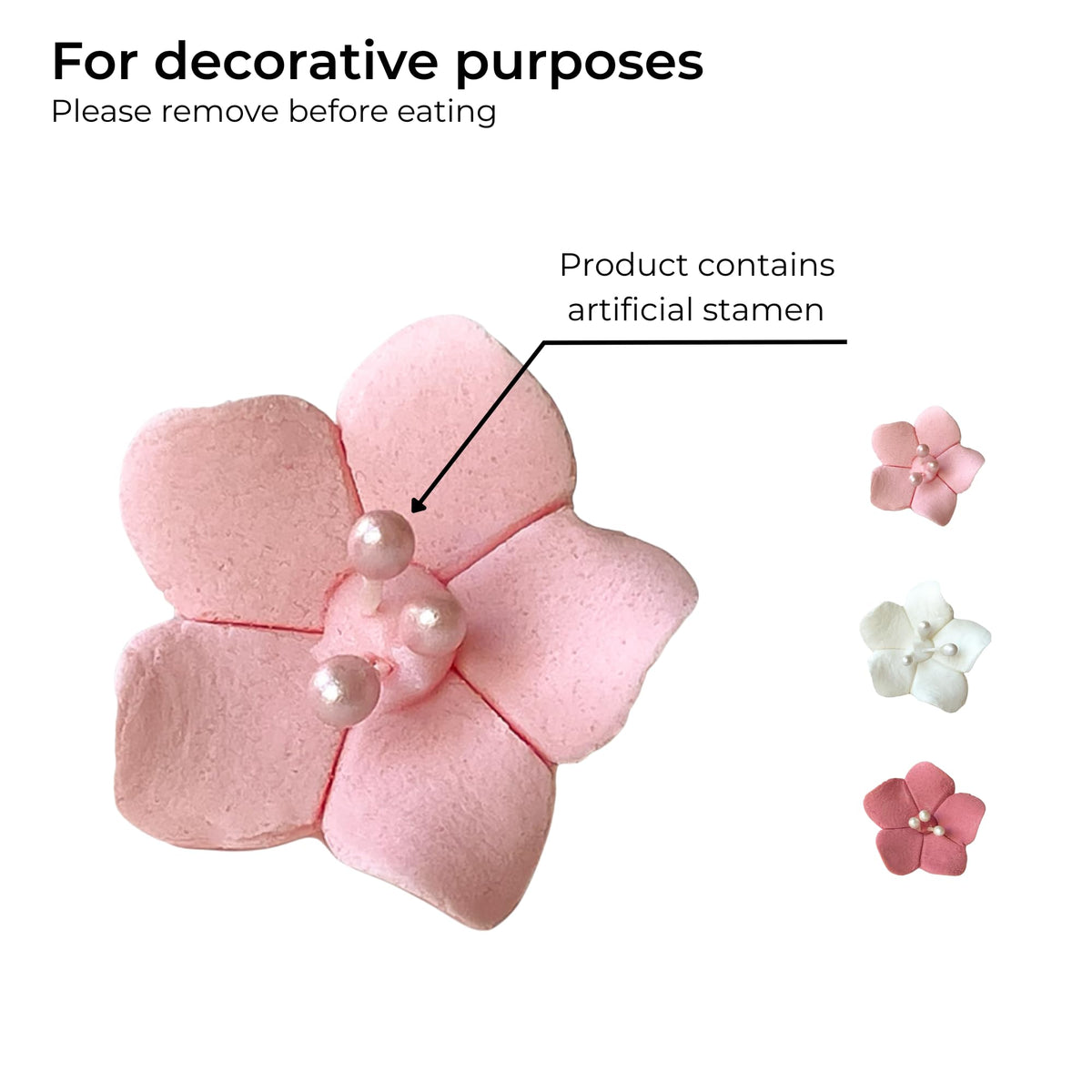 Global Sugar Art decorative-only flowers with non-edible stamen for safe display.