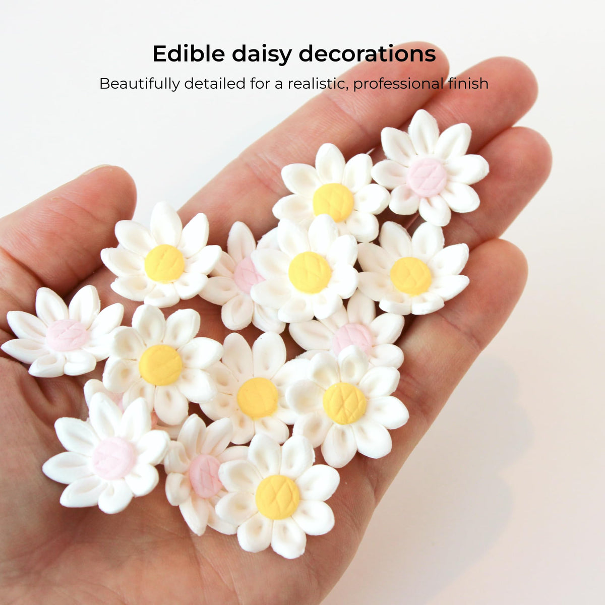 Global Sugar Art handmade daisy detail enhances cupcakes with elegance.