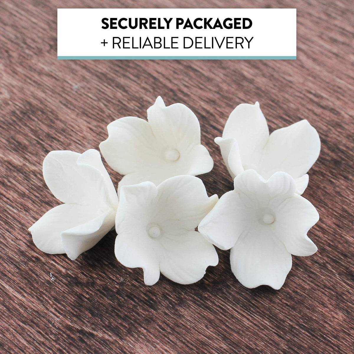Global Sugar Art Hydrangea blossom sugar flowers, white unwired for dessert decoration.