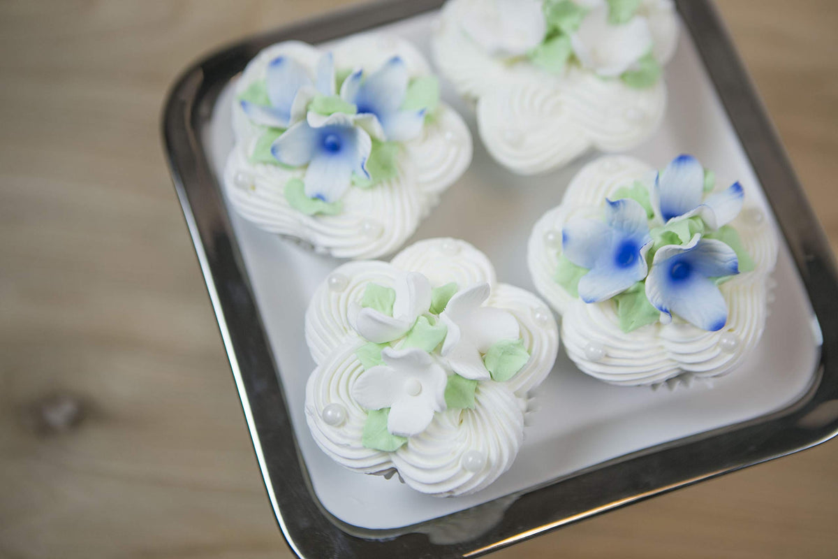 Global Sugar Art Hydrangea blossom sugar flowers for elegant cupcake toppers.