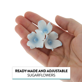 Global Sugar Art hydrangea blossoms add blue accents to desserts