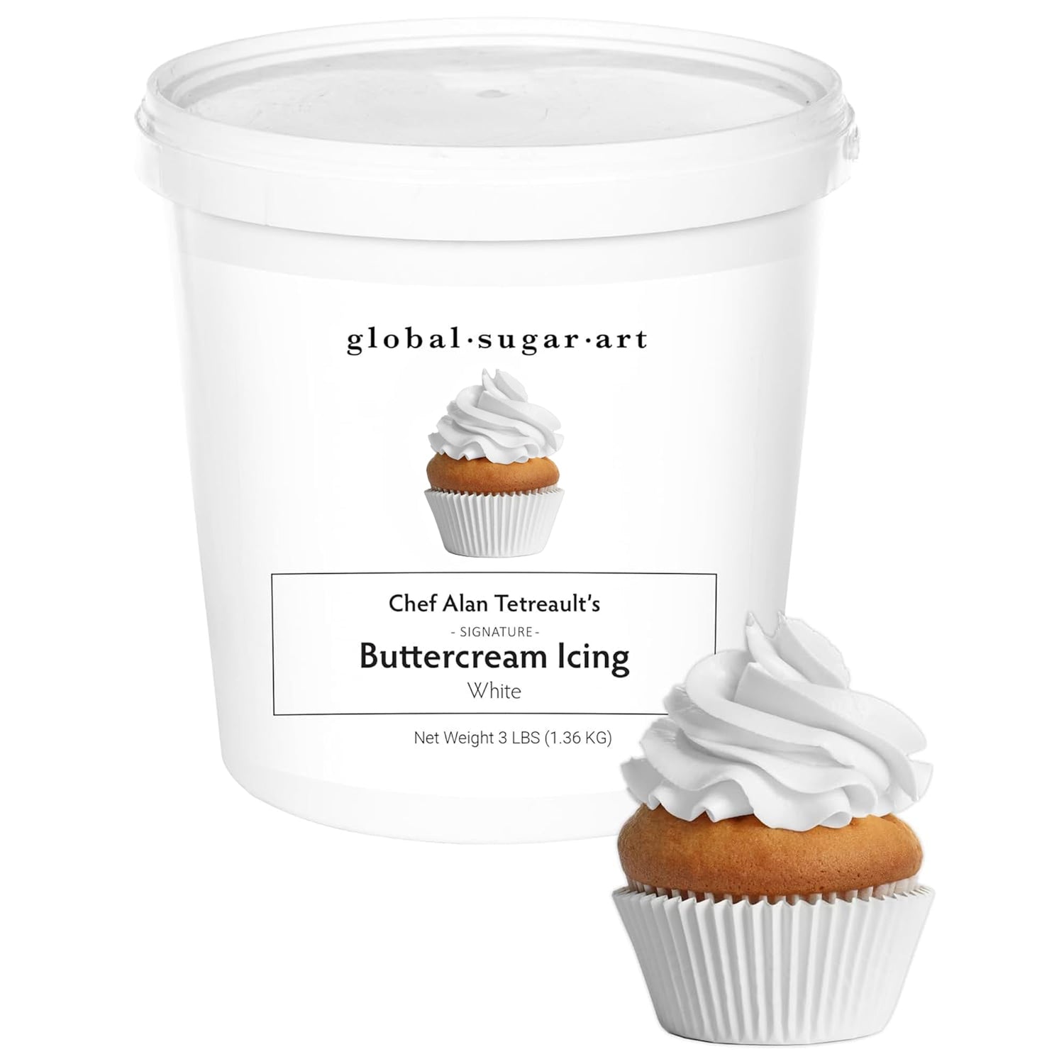 Global Sugar Art white buttercream frosting tub ready to decorate cakes