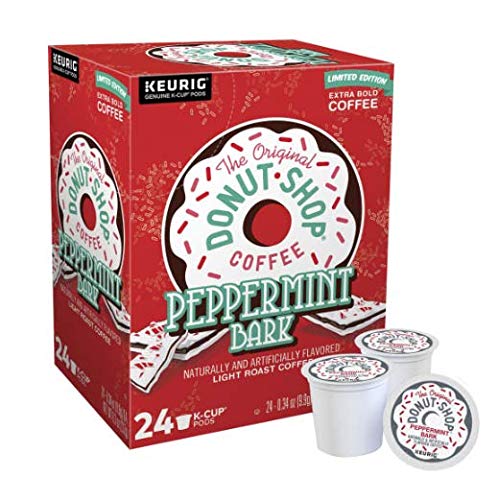 Globalpixels The Original Donut Shop Peppermint Bark K-Cup pod on kitchen counter, ready for a morning brew