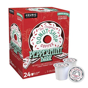 Globalpixels The Original Donut Shop Peppermint Bark K-Cup pod on kitchen counter, ready for a morning brew