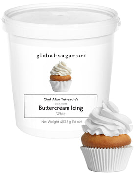 Global Sugar Art white buttercream frosting tub, ready-to-use for vibrant decorating.