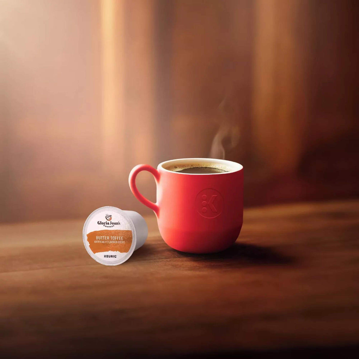 Creamy crema foam on Gloria Jean's Butter Toffee coffee.