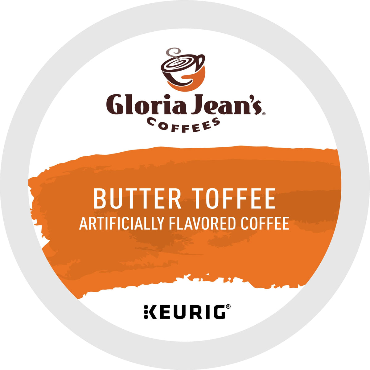 Close-up of Gloria Jean's Butter Toffee K-Cup Pod highlighting creamy texture and aroma.