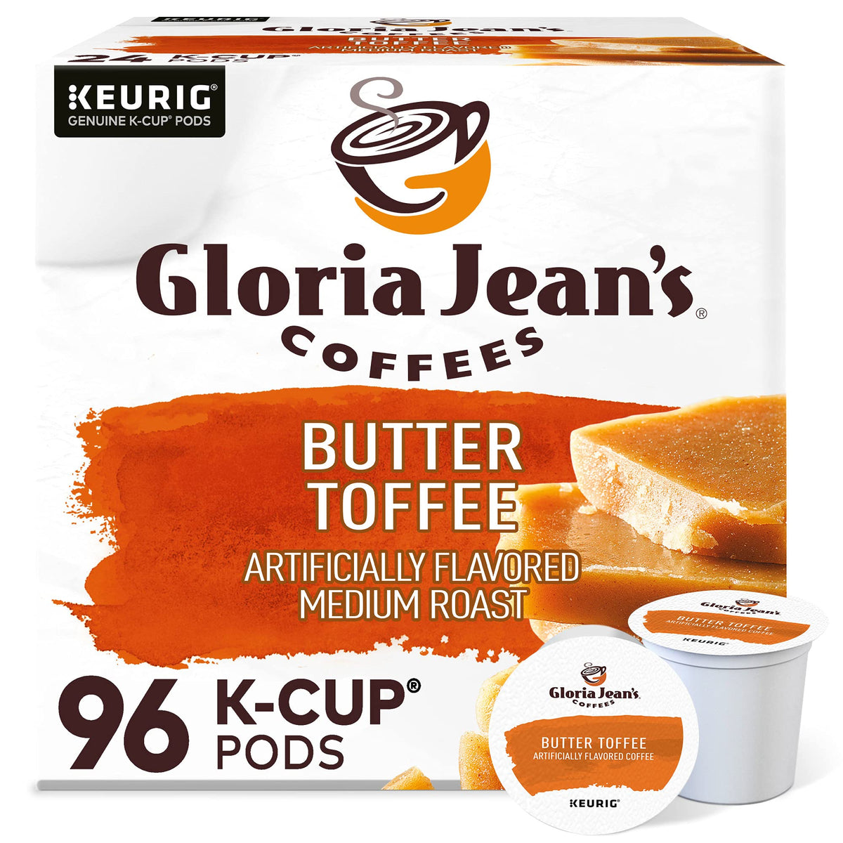 Gloria Jean's Butter Toffee packaging with recyclable pods for eco-friendly use.