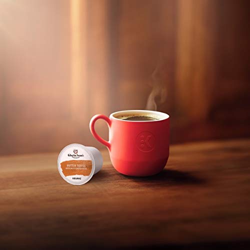 Recyclable K-Cups by Gloria Jean's Butter Toffee emphasizing eco-friendly convenience.