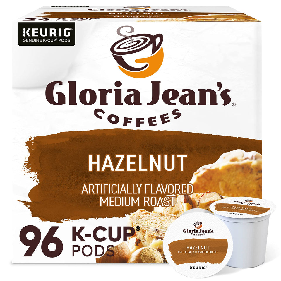 Gloria Jean's Hazelnut coffee pods, 96-count pack for quick, flavorful mornings.