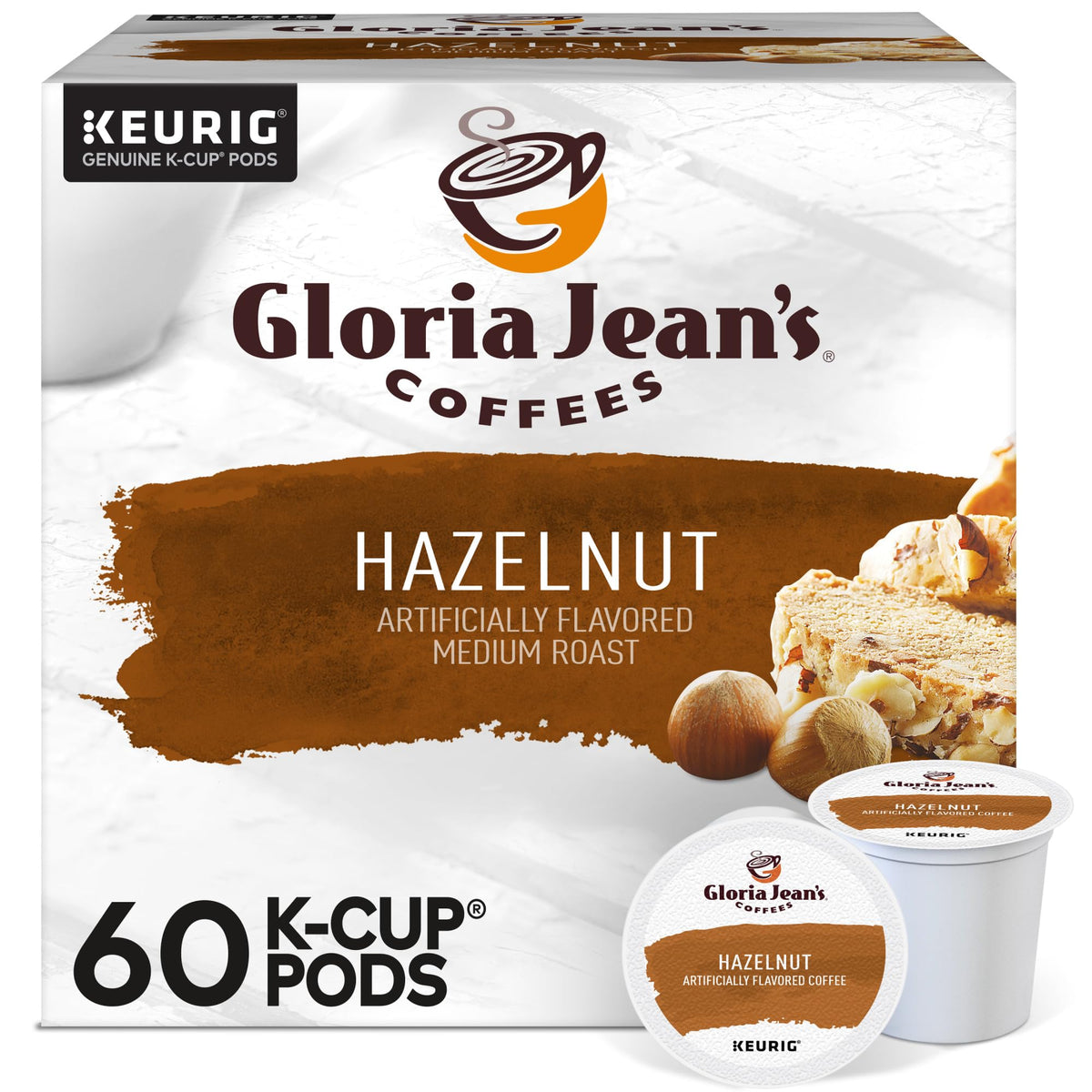 Gloria Jean's Hazelnut K-Cup Pod with hazelnut notes for a comforting morning brew.