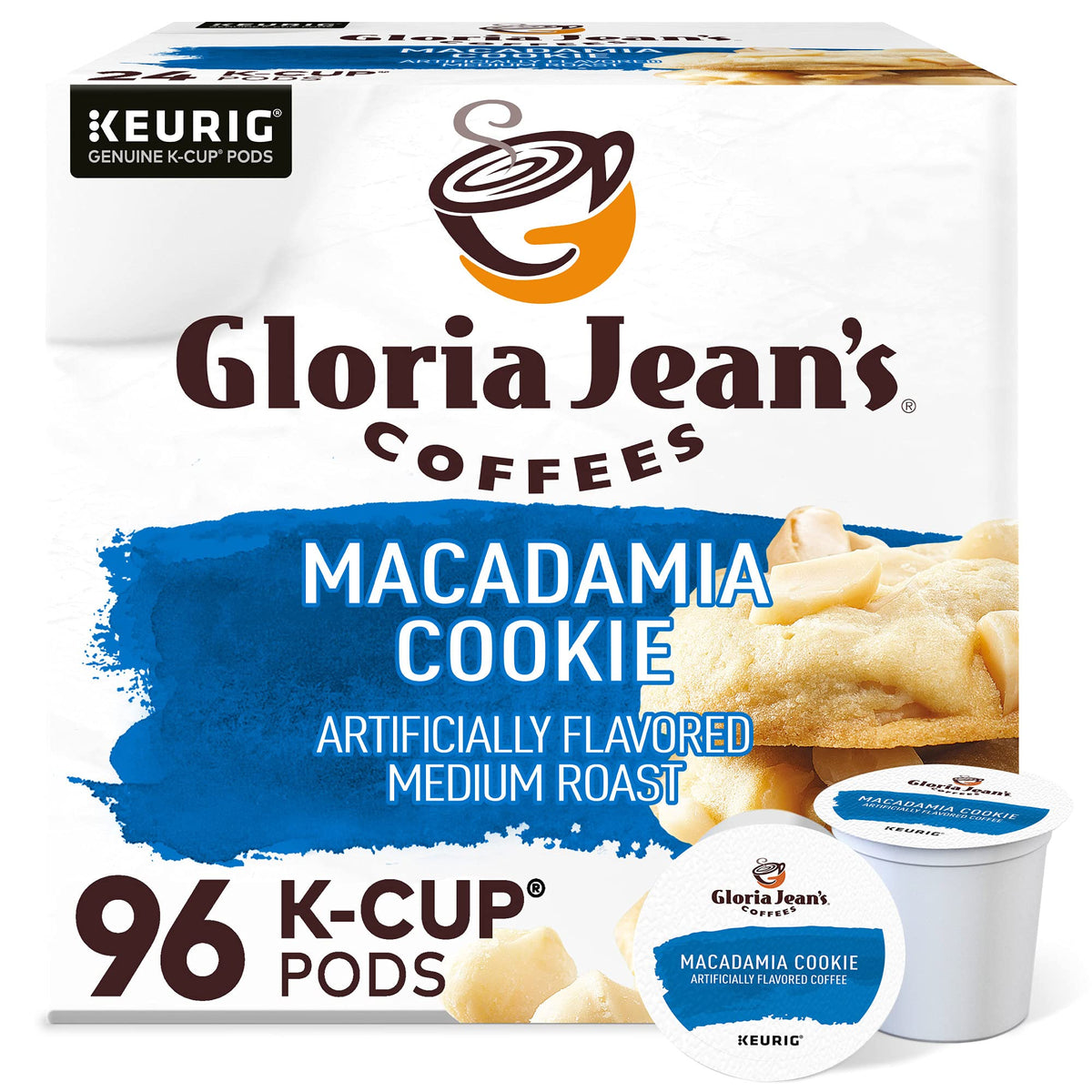 Gloria Jean's Macadamia Cookie K-Cup pods in a box for easy single-serve indulgence.