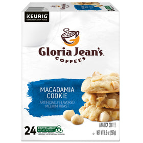 Gloria Jean's Macadamia Cookie K-Cup pod close-up highlights cookie-inspired notes.