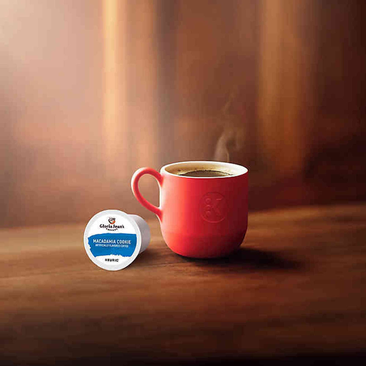 Gloria Jean's Macadamia Cookie K-Cup pods in machine-dispense display convenient brewing.