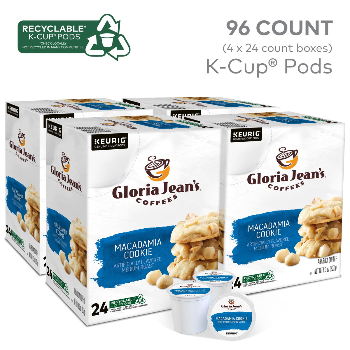 Gloria Jean's Macadamia Cookie K-Cup pods in a sleeve offer quick, mess-free prep.