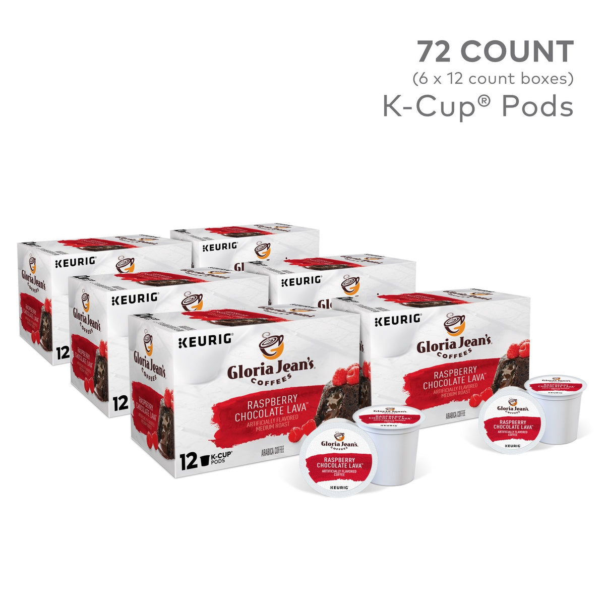 Gloria Jean's Raspberry Chocolate Lava K-Cup pod close-up highlights premium flavor.