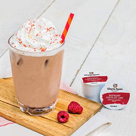 K-Cup label of Gloria Jean's Raspberry Chocolate Lava for fast flavor recognition.
