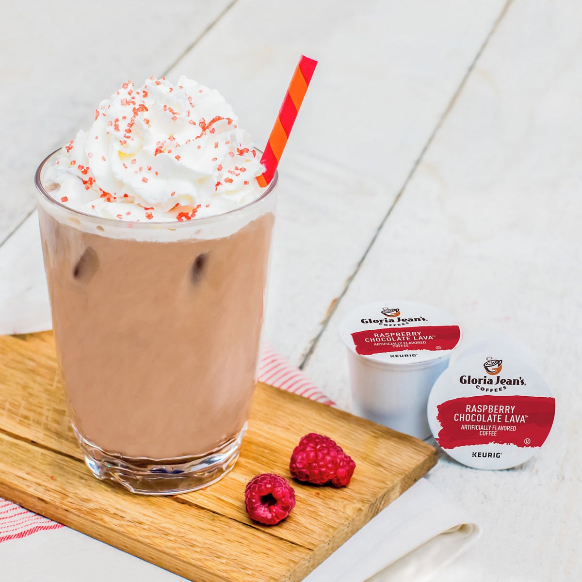 Gloria Jean's Raspberry Chocolate Lava label close-up emphasizing flavor profile.