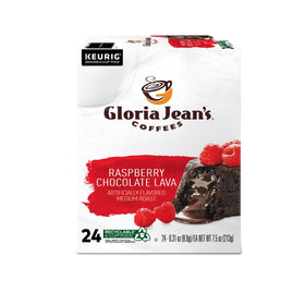 Gloria Jean's Raspberry Chocolate Lava packaging emphasizes a 96-count box