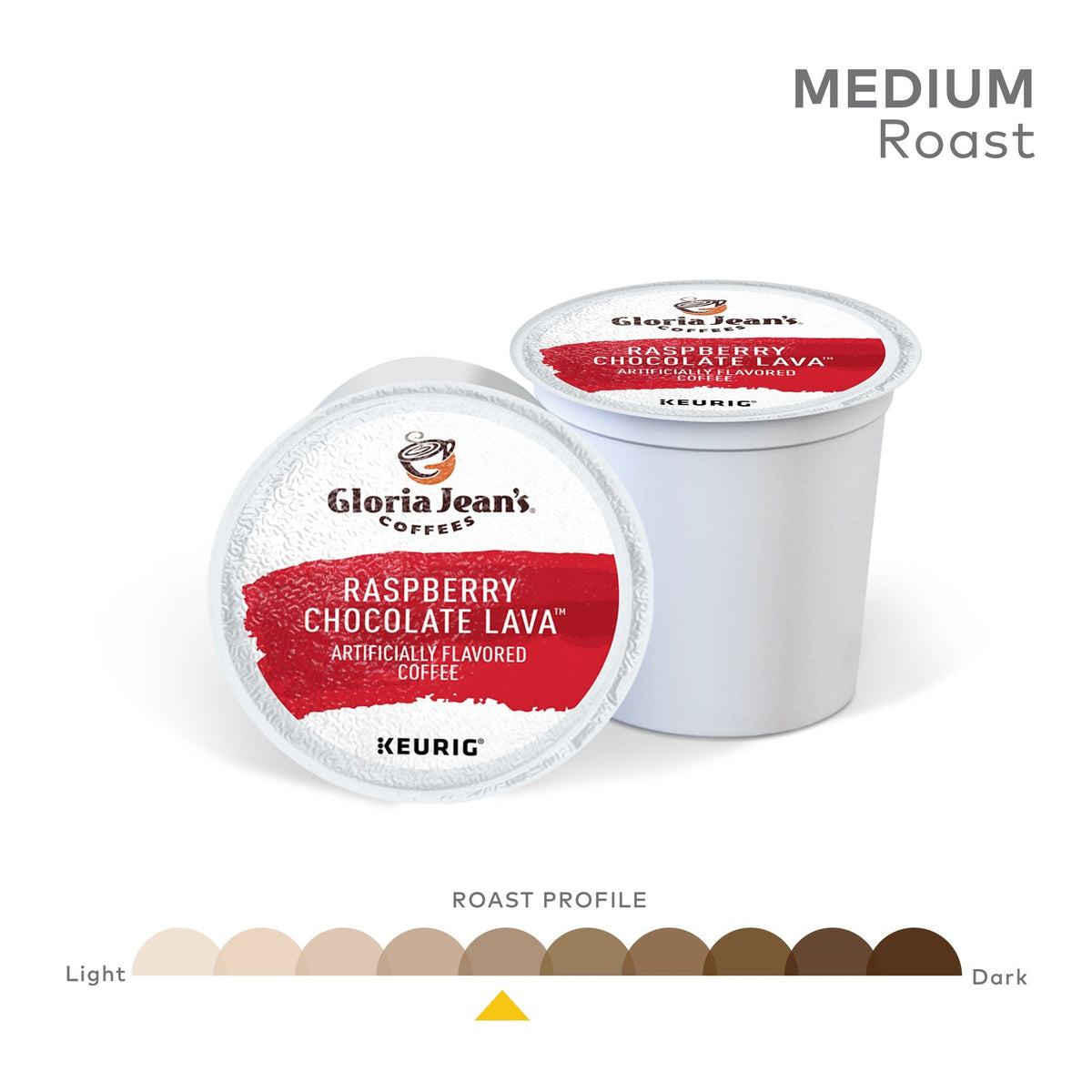 Gloria Jean's Raspberry Chocolate Lava cup filled with rich aroma ready for Keurig brewing.