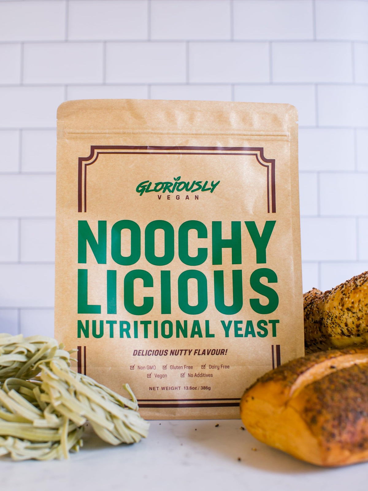 Closeup of Gloriously Vegan Noochy Licious flakes for seasoning