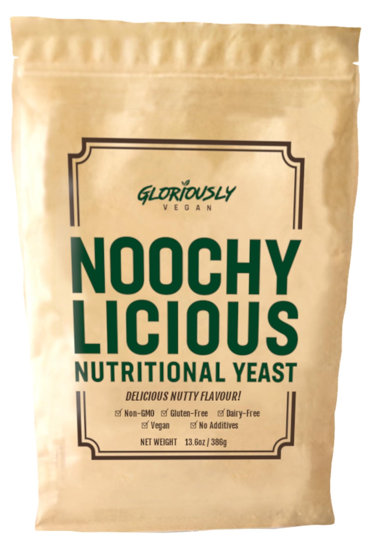 Gloriously Vegan Noochy Licious flakes pack shown, ideal for dairy-free flavor in meals