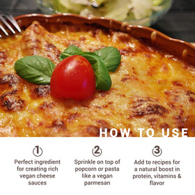 Gloriously Vegan Noochy Licious sprinkled on pasta for cheesy depth