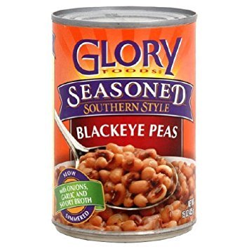 Glory Foods seasoned blackeye peas can; quick, heat-and-serve side dish.