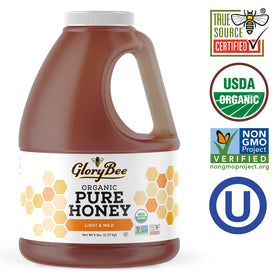 GloryBee light and mild honey pouring, ideal for tea and baking.