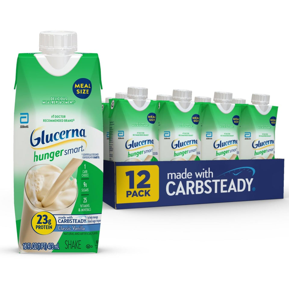 Glucerna Hunger Smart Vanilla bottle serve, ready-to-drink meal replacement for steady energy.