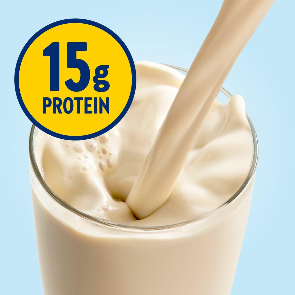 Glucerna pouring vanilla shake showcases smooth texture ideal for snack replacements