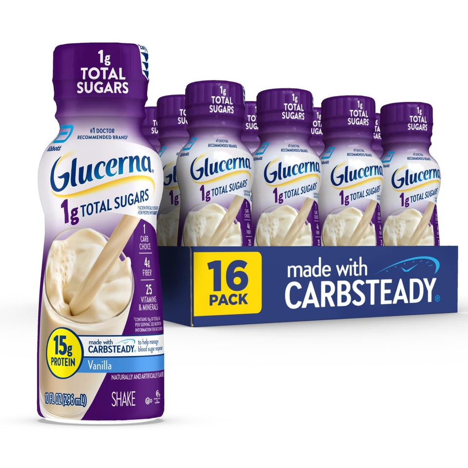 Glucerna vanilla bottle 10 oz shows a ready-to-drink option with 15g protein for fullness